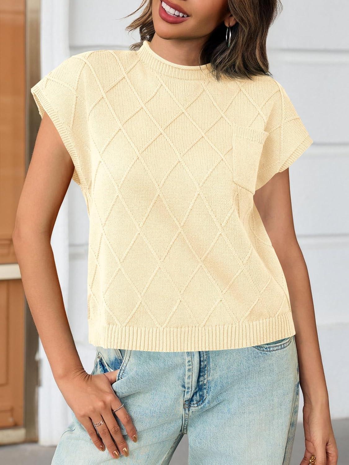 imageSaodimallsu Womens Summer Mock Neck Sweater Cap Sleeve Lightweight Sweater Vest Casual Loose Knit Pullover Tank TopsApricot