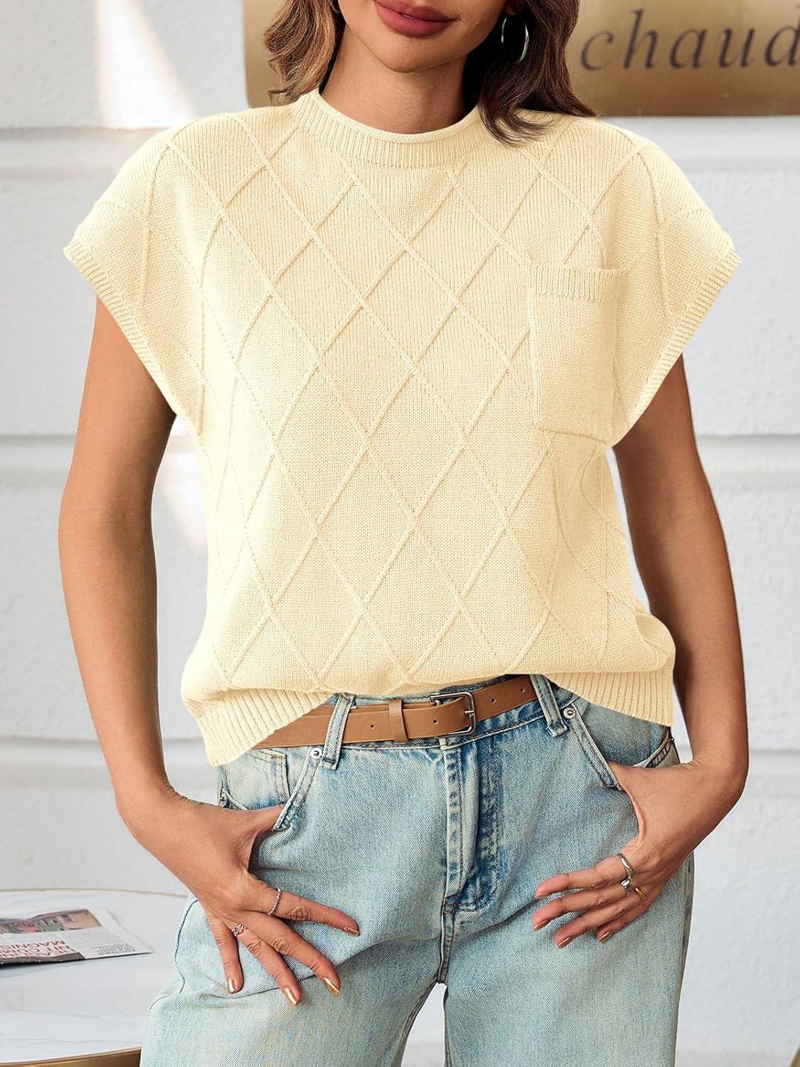 imageSaodimallsu Womens Summer Mock Neck Sweater Cap Sleeve Lightweight Sweater Vest Casual Loose Knit Pullover Tank TopsApricot