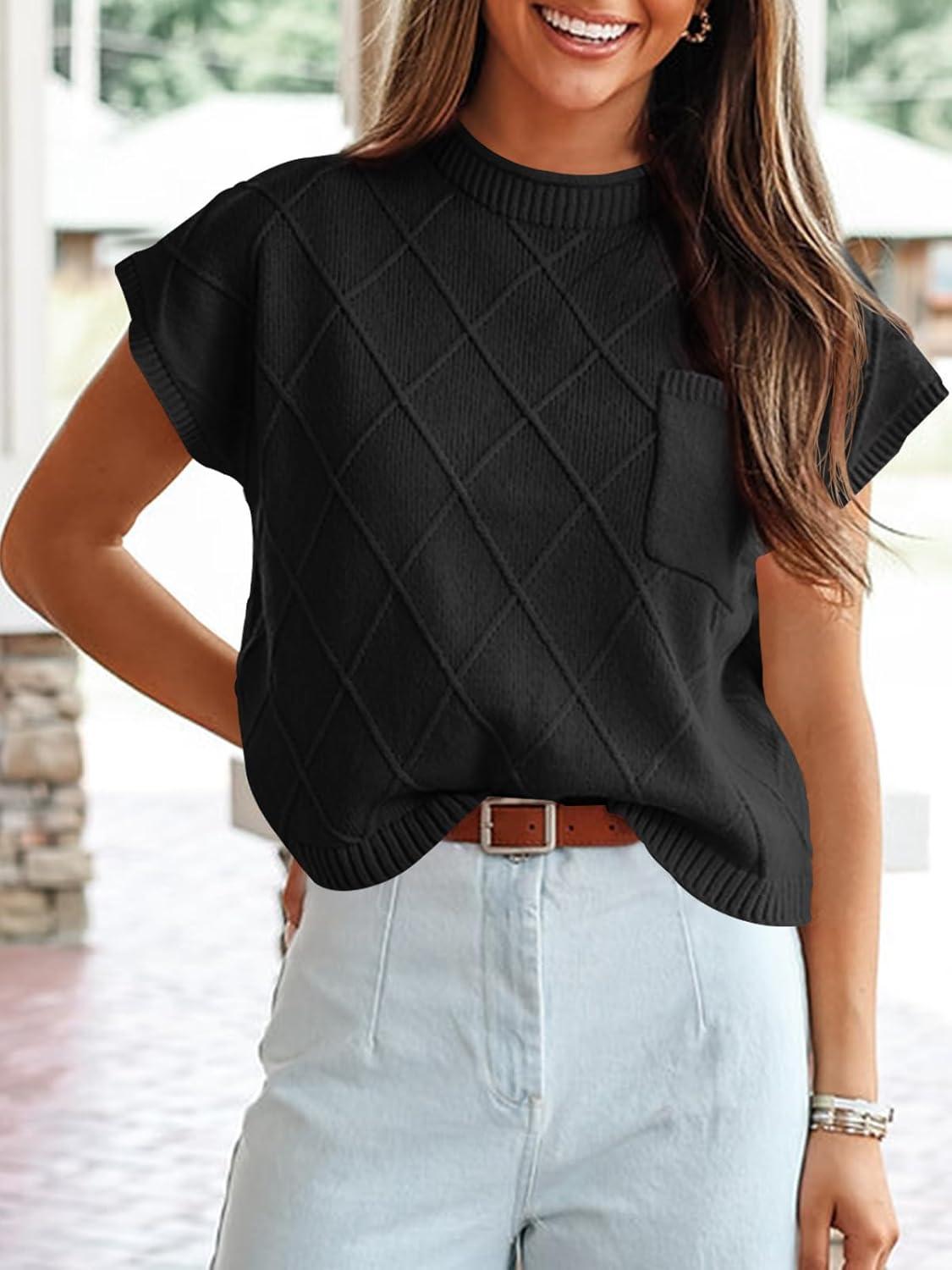 imageSaodimallsu Womens Summer Mock Neck Sweater Cap Sleeve Lightweight Sweater Vest Casual Loose Knit Pullover Tank TopsBlack