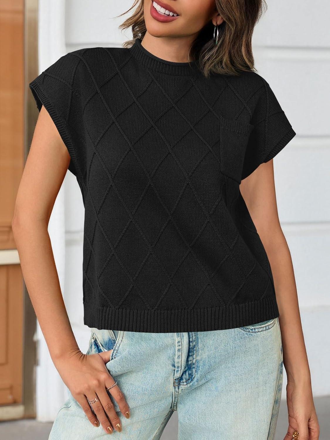 imageSaodimallsu Womens Summer Mock Neck Sweater Cap Sleeve Lightweight Sweater Vest Casual Loose Knit Pullover Tank TopsBlack