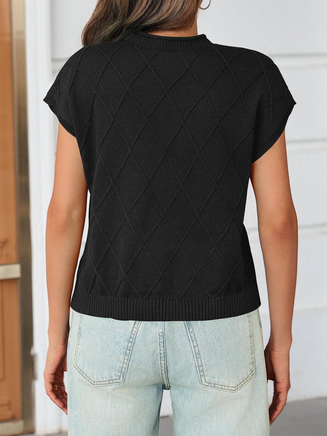imageSaodimallsu Womens Summer Mock Neck Sweater Cap Sleeve Lightweight Sweater Vest Casual Loose Knit Pullover Tank TopsBlack