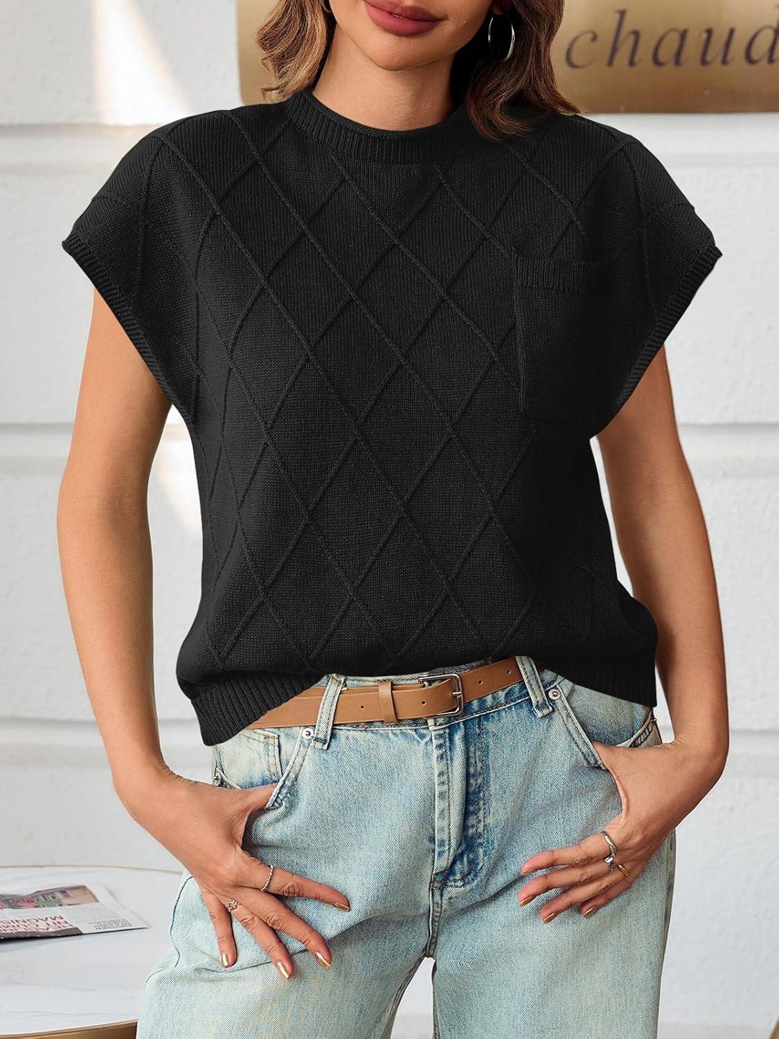 imageSaodimallsu Womens Summer Mock Neck Sweater Cap Sleeve Lightweight Sweater Vest Casual Loose Knit Pullover Tank TopsBlack