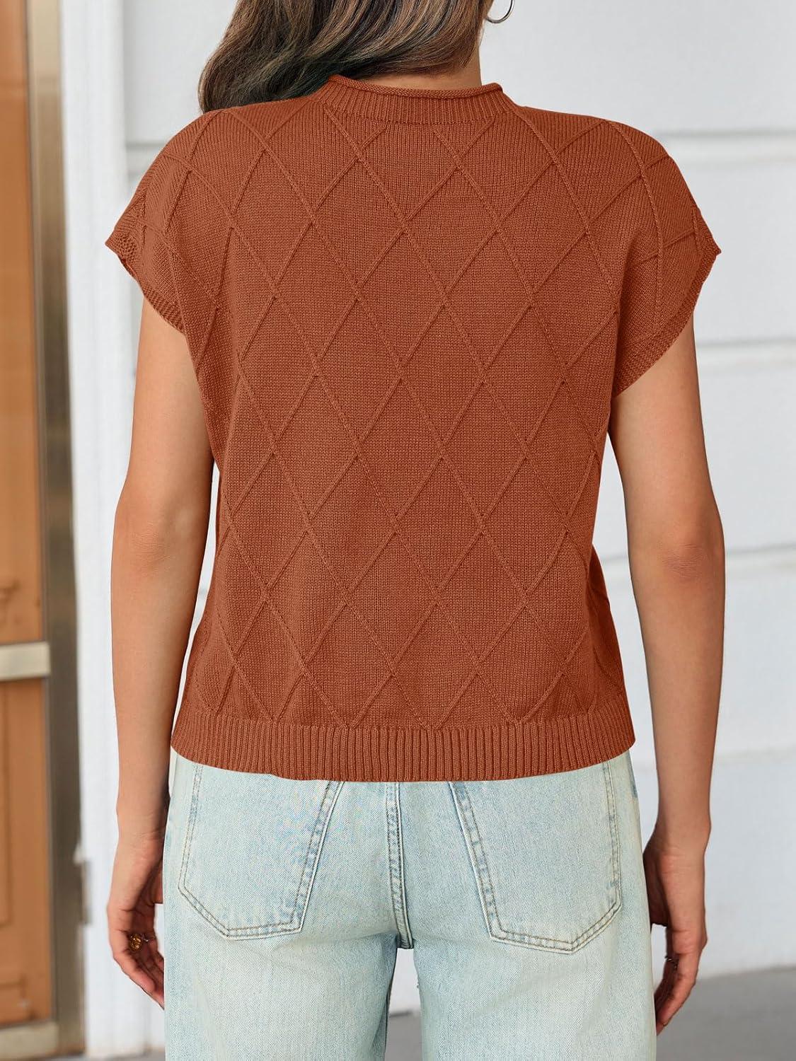 imageSaodimallsu Womens Summer Mock Neck Sweater Cap Sleeve Lightweight Sweater Vest Casual Loose Knit Pullover Tank TopsBrick Red