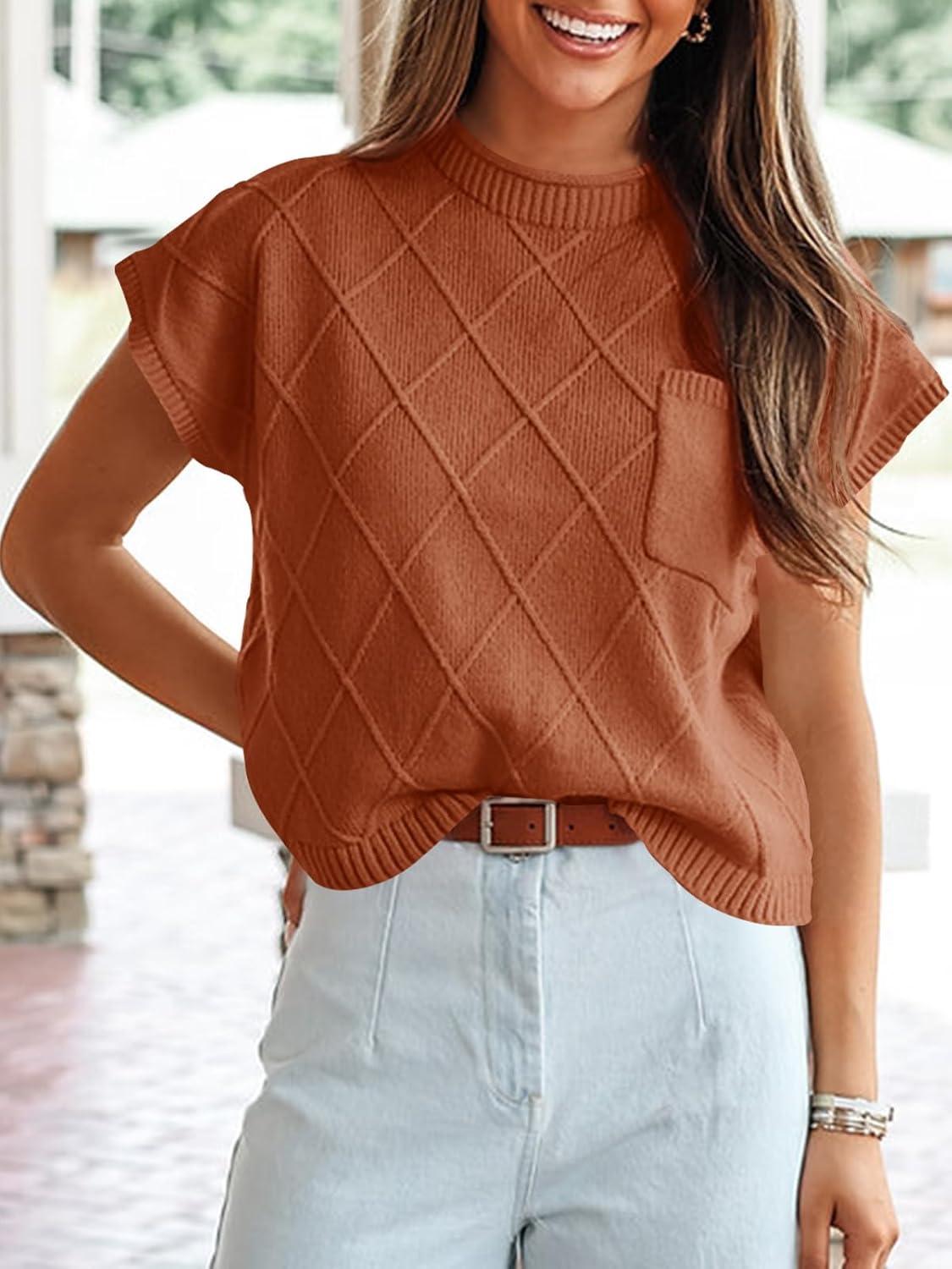 imageSaodimallsu Womens Summer Mock Neck Sweater Cap Sleeve Lightweight Sweater Vest Casual Loose Knit Pullover Tank TopsBrick Red