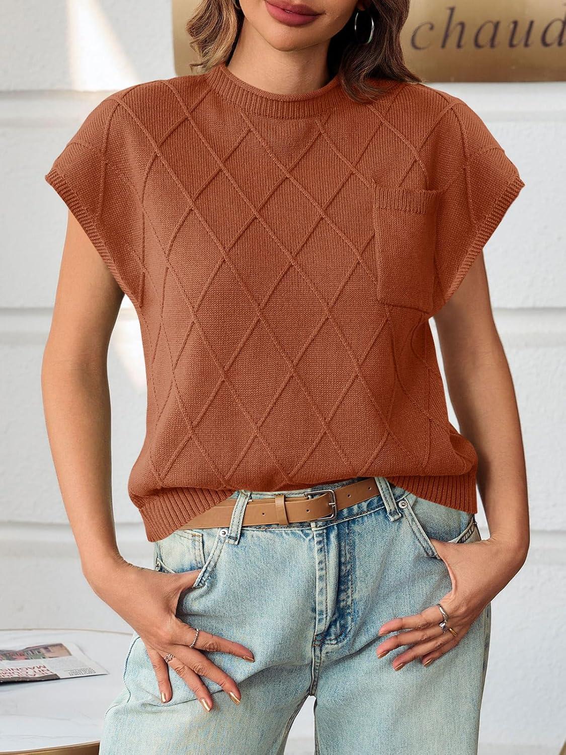 imageSaodimallsu Womens Summer Mock Neck Sweater Cap Sleeve Lightweight Sweater Vest Casual Loose Knit Pullover Tank TopsBrick Red