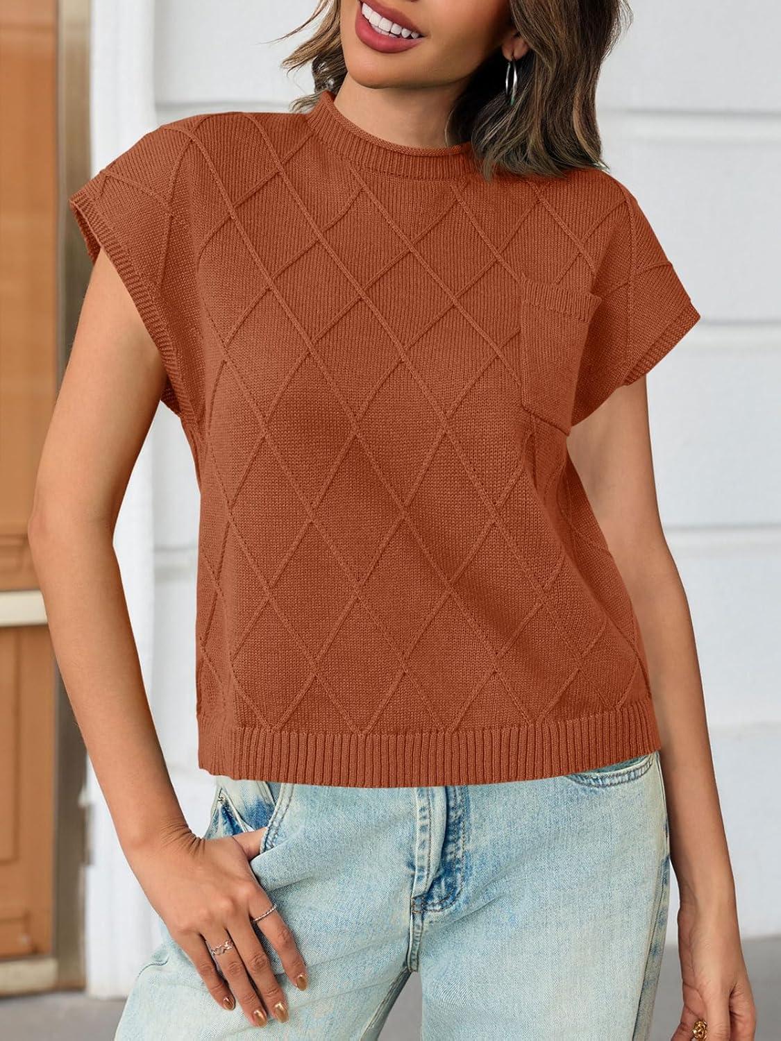 imageSaodimallsu Womens Summer Mock Neck Sweater Cap Sleeve Lightweight Sweater Vest Casual Loose Knit Pullover Tank TopsBrick Red