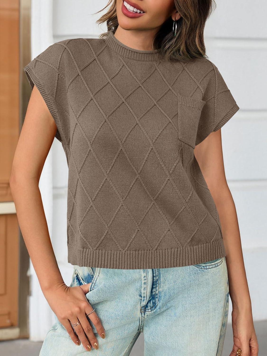 imageSaodimallsu Womens Summer Mock Neck Sweater Cap Sleeve Lightweight Sweater Vest Casual Loose Knit Pullover Tank TopsCoffee