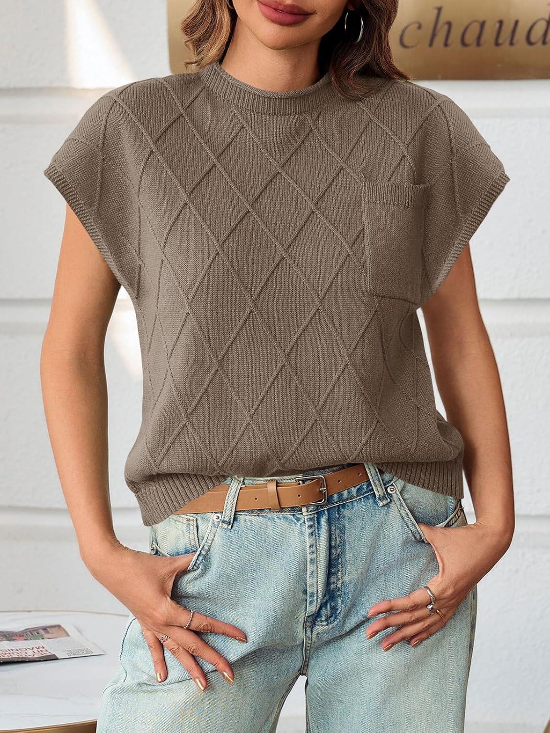 imageSaodimallsu Womens Summer Mock Neck Sweater Cap Sleeve Lightweight Sweater Vest Casual Loose Knit Pullover Tank TopsCoffee