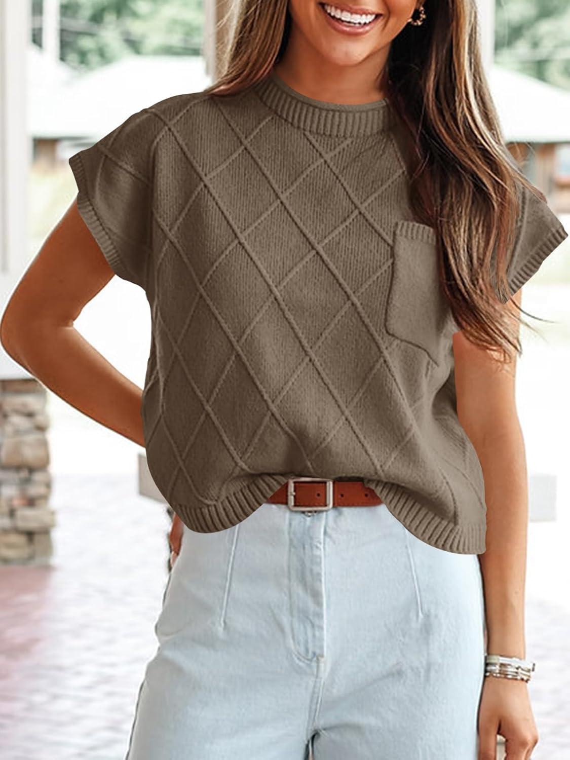 imageSaodimallsu Womens Summer Mock Neck Sweater Cap Sleeve Lightweight Sweater Vest Casual Loose Knit Pullover Tank TopsCoffee