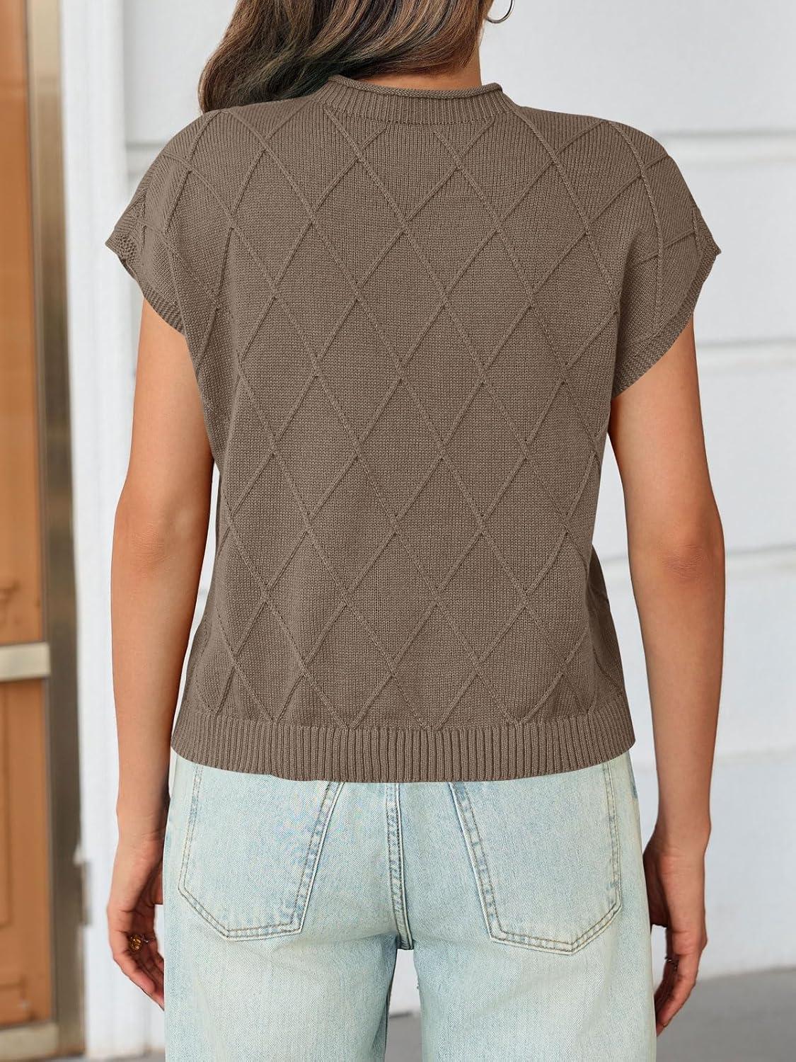 imageSaodimallsu Womens Summer Mock Neck Sweater Cap Sleeve Lightweight Sweater Vest Casual Loose Knit Pullover Tank TopsCoffee