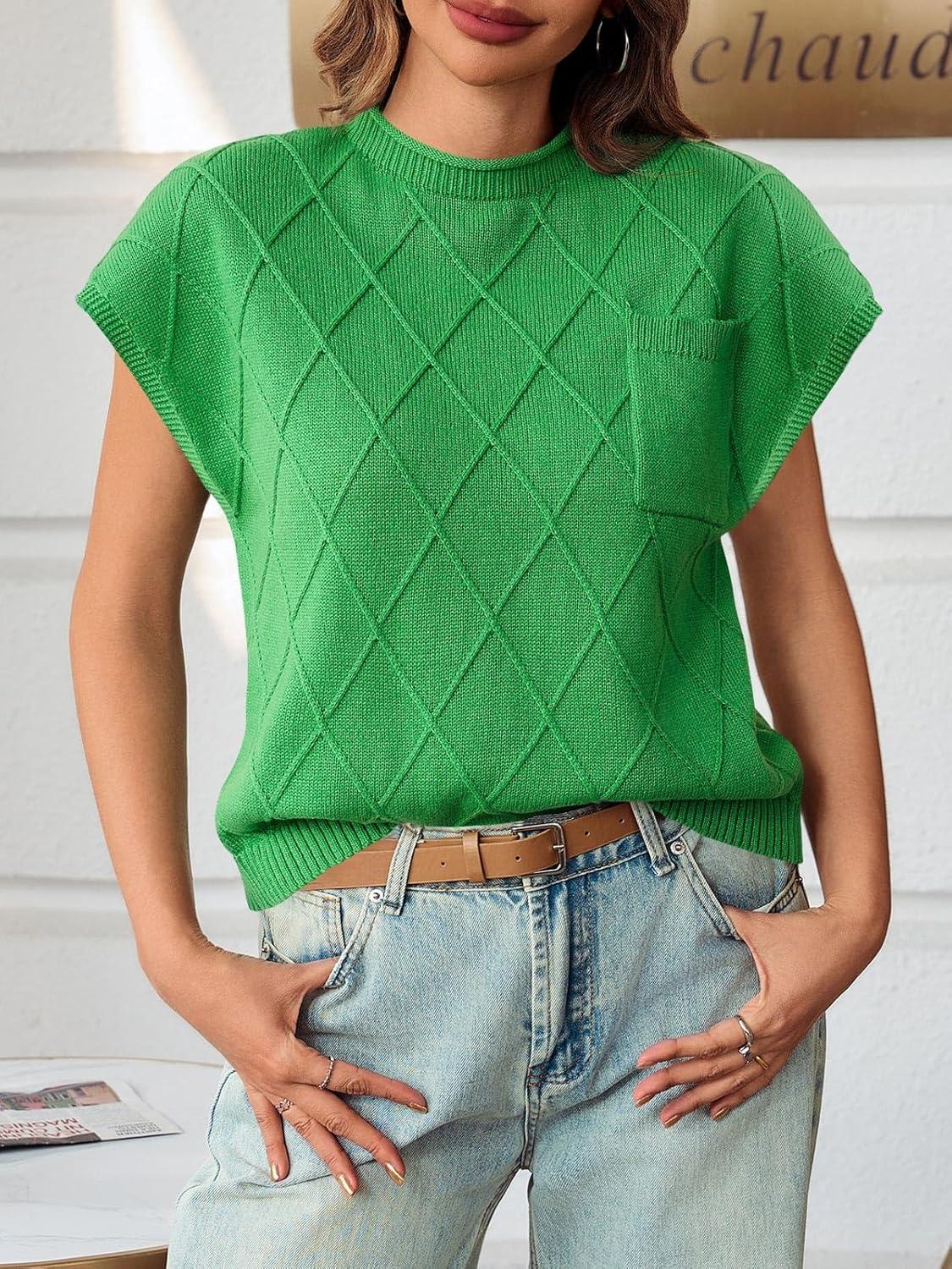 imageSaodimallsu Womens Summer Mock Neck Sweater Cap Sleeve Lightweight Sweater Vest Casual Loose Knit Pullover Tank TopsGreen