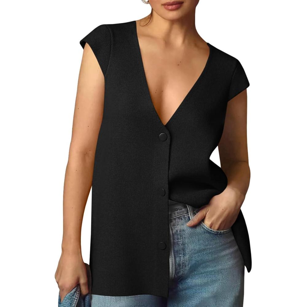 imageSaodimallsu Womens Deep V Neck Sweater Vest Sleeveless Knit Button Up Loose Fit Cap Sleeve Trendy Summer TopsBlack