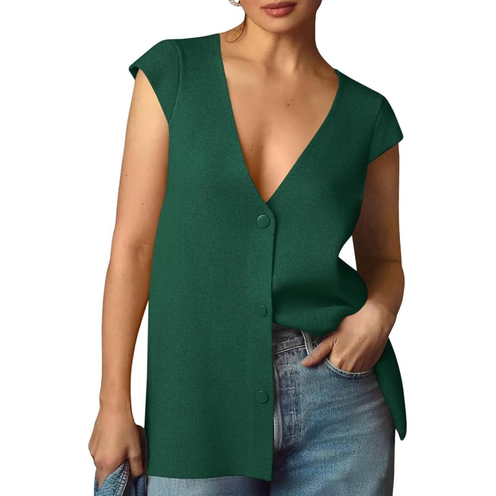 imageSaodimallsu Womens Deep V Neck Sweater Vest Sleeveless Knit Button Up Loose Fit Cap Sleeve Trendy Summer TopsDark Green