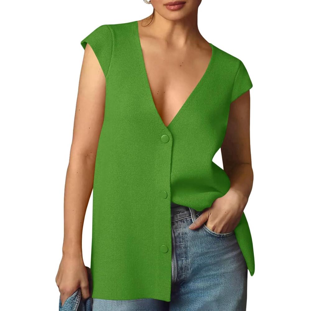 imageSaodimallsu Womens Deep V Neck Sweater Vest Sleeveless Knit Button Up Loose Fit Cap Sleeve Trendy Summer TopsGreen