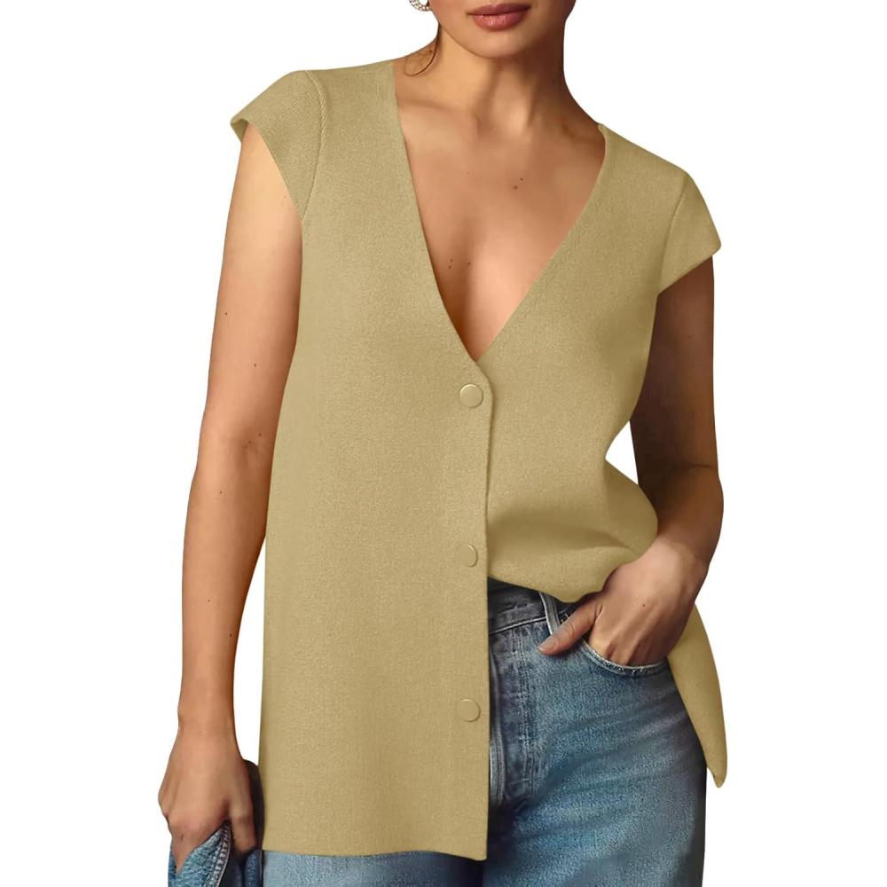 imageSaodimallsu Womens Deep V Neck Sweater Vest Sleeveless Knit Button Up Loose Fit Cap Sleeve Trendy Summer TopsKhaki