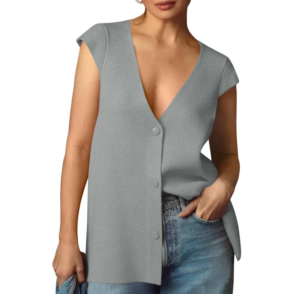 imageSaodimallsu Womens Deep V Neck Sweater Vest Sleeveless Knit Button Up Loose Fit Cap Sleeve Trendy Summer TopsLight Gray