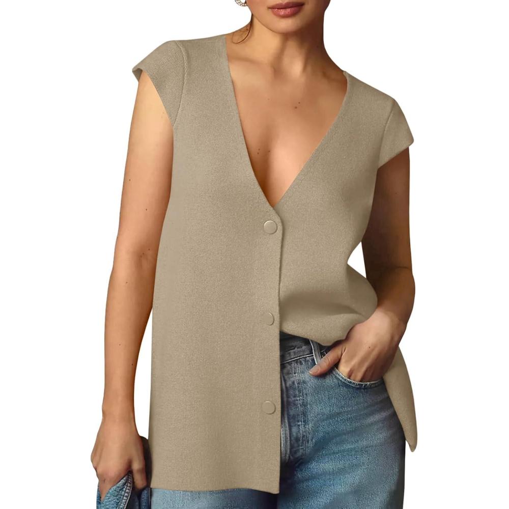 imageSaodimallsu Womens Deep V Neck Sweater Vest Sleeveless Knit Button Up Loose Fit Cap Sleeve Trendy Summer TopsMocha Brown
