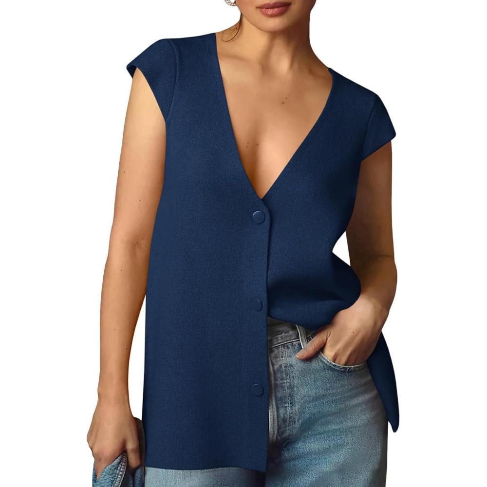 imageSaodimallsu Womens Deep V Neck Sweater Vest Sleeveless Knit Button Up Loose Fit Cap Sleeve Trendy Summer TopsNavy