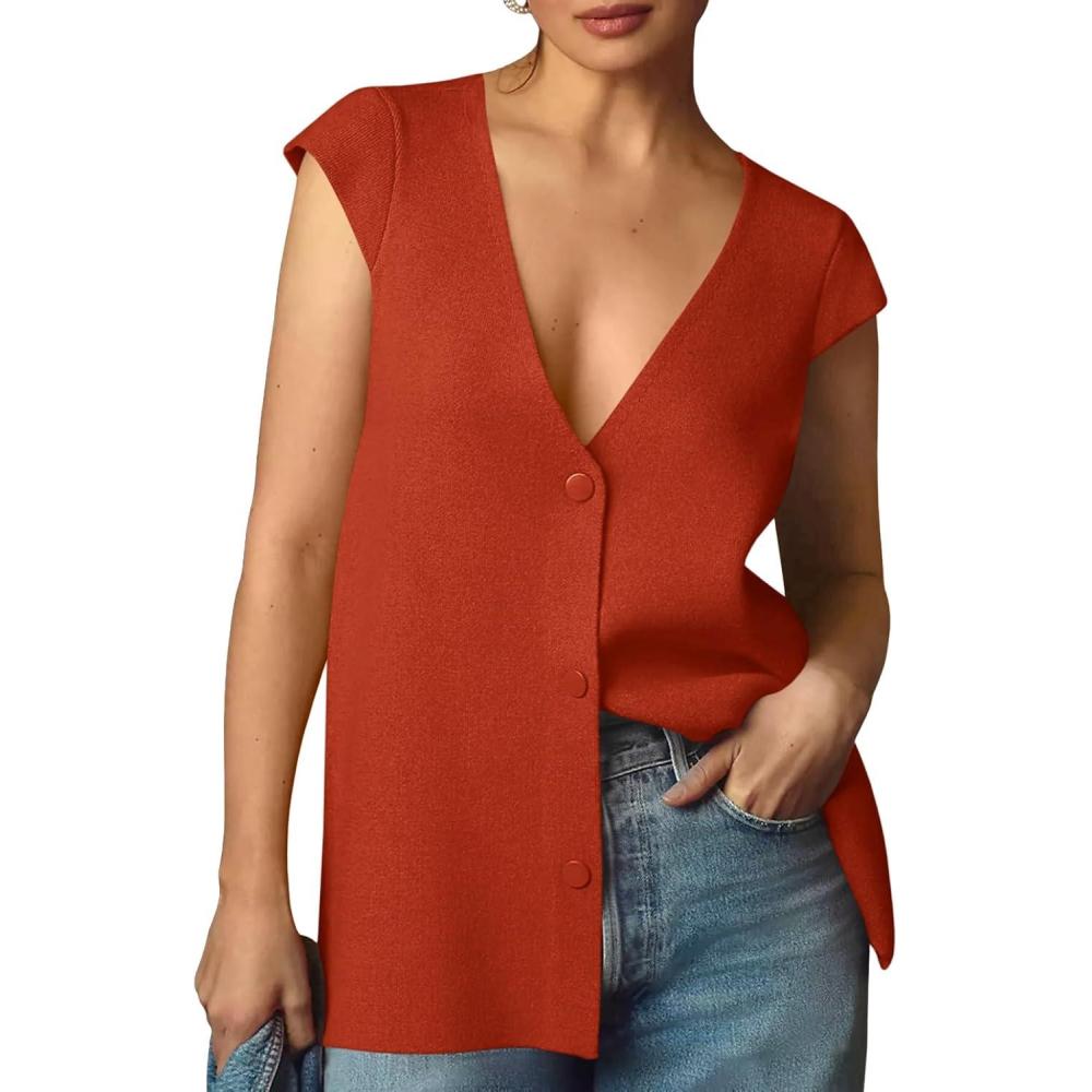 imageSaodimallsu Womens Deep V Neck Sweater Vest Sleeveless Knit Button Up Loose Fit Cap Sleeve Trendy Summer TopsOrangered