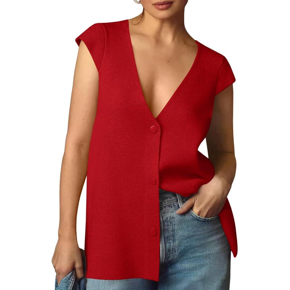 imageSaodimallsu Womens Deep V Neck Sweater Vest Sleeveless Knit Button Up Loose Fit Cap Sleeve Trendy Summer TopsRed