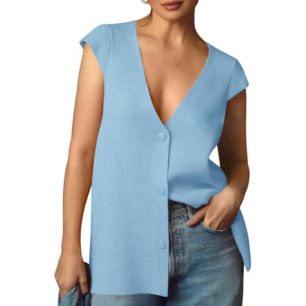imageSaodimallsu Womens Deep V Neck Sweater Vest Sleeveless Knit Button Up Loose Fit Cap Sleeve Trendy Summer TopsSky Blue