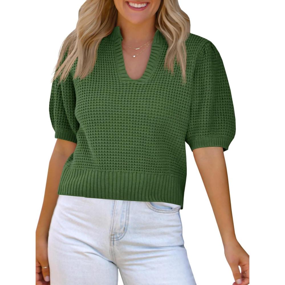 imageSaodimallsu Womens Puff Short Sleeve Sweater Top Waffle Knit V Neck Spring Summer Cropped Trendy Cute Shirts BlousesArmy Green