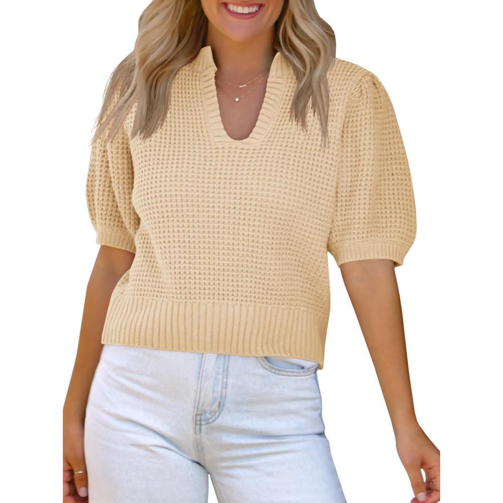 imageSaodimallsu Womens Puff Short Sleeve Sweater Top Waffle Knit V Neck Spring Summer Cropped Trendy Cute Shirts BlousesBeige