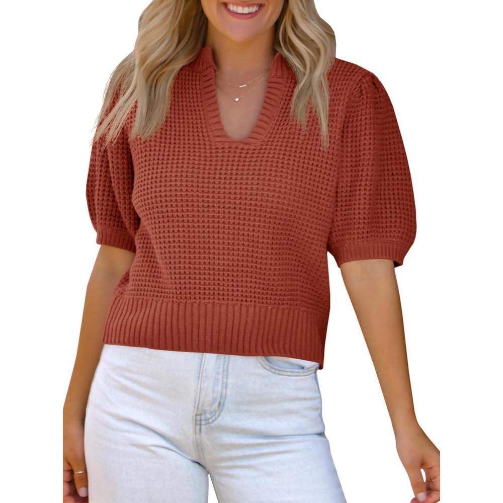 imageSaodimallsu Womens Puff Short Sleeve Sweater Top Waffle Knit V Neck Spring Summer Cropped Trendy Cute Shirts BlousesBrick Red