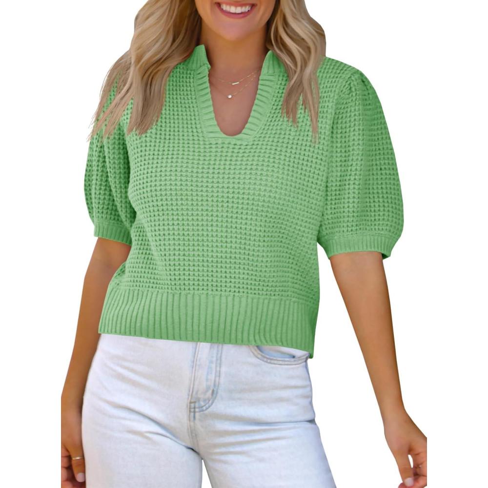 imageSaodimallsu Womens Puff Short Sleeve Sweater Top Waffle Knit V Neck Spring Summer Cropped Trendy Cute Shirts BlousesGreen