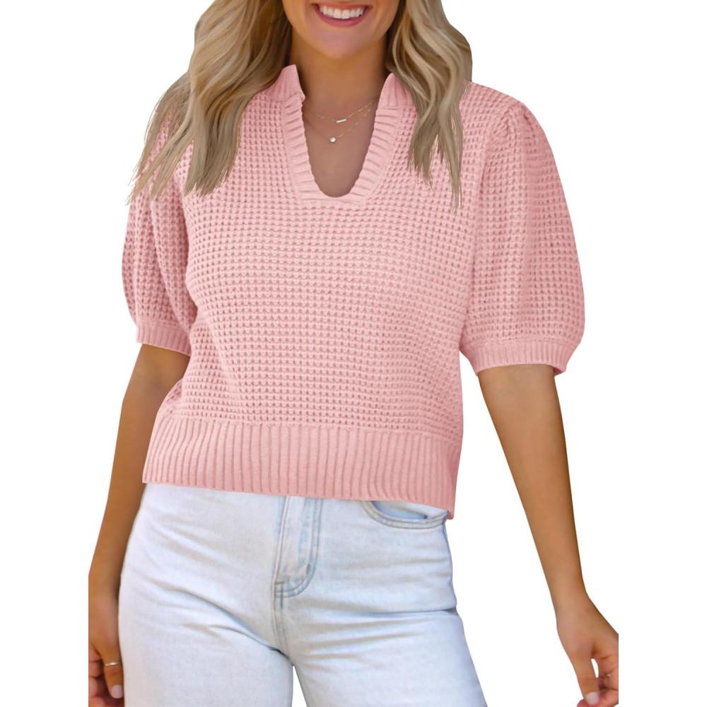 imageSaodimallsu Womens Puff Short Sleeve Sweater Top Waffle Knit V Neck Spring Summer Cropped Trendy Cute Shirts BlousesLight Pink