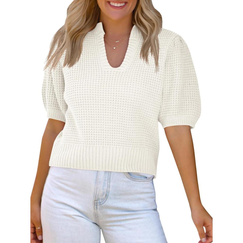 imageSaodimallsu Womens Puff Short Sleeve Sweater Top Waffle Knit V Neck Spring Summer Cropped Trendy Cute Shirts BlousesWhite