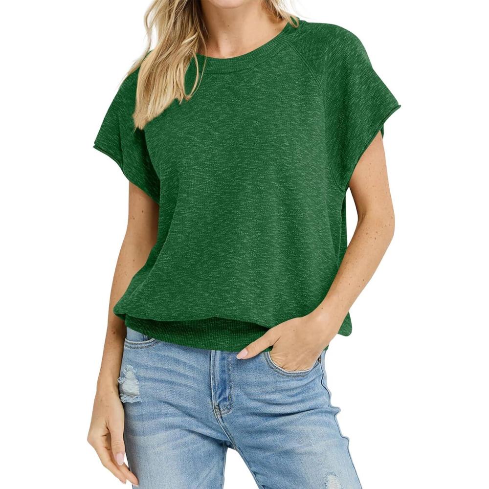 imageSaodimallsu Womens Short Sleeve Crewneck Sweater Summer Tops Casual Loose Knit Lightweight Basic Pullover ShirtsGreen