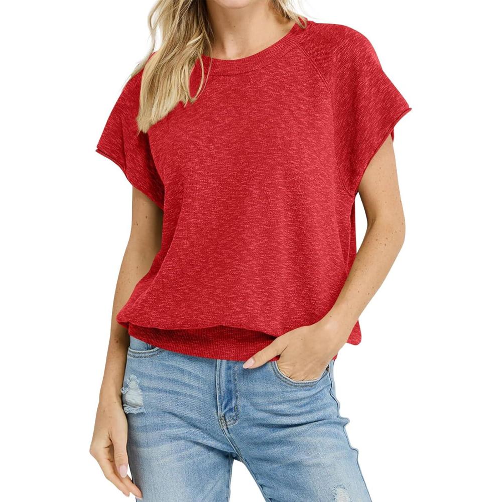 imageSaodimallsu Womens Short Sleeve Crewneck Sweater Summer Tops Casual Loose Knit Lightweight Basic Pullover ShirtsRed