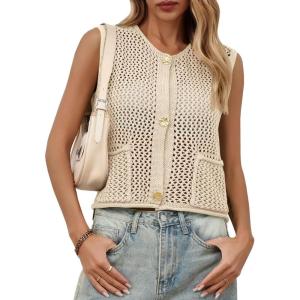 Saodimallsu Womens Crochet Sweater Vest Button Down Sleeveless Crew Neck Boho Knit Crop Tank Tops Summer Cardigans(Apricot)