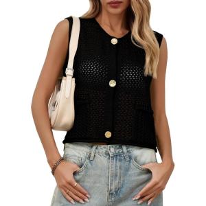 Saodimallsu Womens Crochet Sweater Vest Button Down Sleeveless Crew Neck Boho Knit Crop Tank Tops Summer Cardigans(Black)