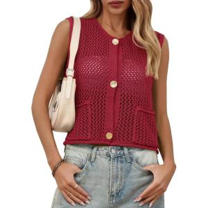 Saodimallsu Womens Crochet Sweater Vest Button Down Sleeveless Crew Neck Boho Knit Crop Tank Tops Summer Cardigans(Burgundy)