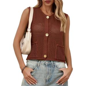 Saodimallsu Womens Crochet Sweater Vest Button Down Sleeveless Crew Neck Boho Knit Crop Tank Tops Summer Cardigans(Coffee)