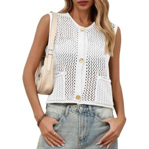 Saodimallsu Womens Crochet Sweater Vest Button Down Sleeveless Crew Neck Boho Knit Crop Tank Tops Summer Cardigans(White)