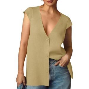 Saodimallsu Womens Deep V Neck Sweater Vest Sleeveless Knit Button Up Loose Fit Cap Sleeve Trendy Summer Tops(Khaki)