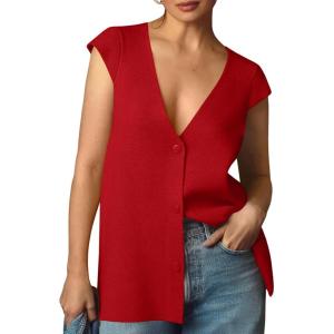 Saodimallsu Womens Deep V Neck Sweater Vest Sleeveless Knit Button Up Loose Fit Cap Sleeve Trendy Summer Tops(Red)