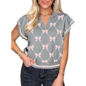 Saodimallsu Womens Ruffle Short Sleeve Knit Tops Summer Quarter Zip Cute Bow Print V Neck Collared Sweater Vest(Grey)