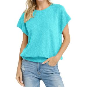 Saodimallsu Womens Short Sleeve Crewneck Sweater Summer Tops Casual Loose Knit Lightweight Basic Pullover Shirts(Light Blue)