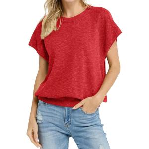 Saodimallsu Womens Short Sleeve Crewneck Sweater Summer Tops Casual Loose Knit Lightweight Basic Pullover Shirts(Red)