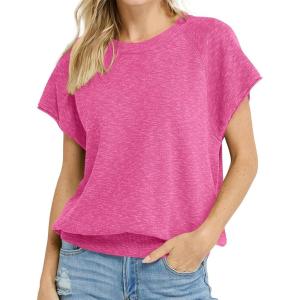 Saodimallsu Womens Short Sleeve Crewneck Sweater Summer Tops Casual Loose Knit Lightweight Basic Pullover Shirts(Rose Red)
