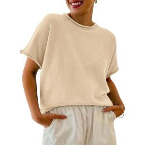 Saodimallsu Womens Short Sleeve Sweater Tops Basic Lightweight Casual Crewneck Summer Loose Fit Knit Tees Shirts(Beige)