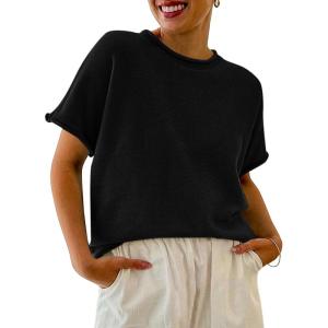 Saodimallsu Womens Short Sleeve Sweater Tops Basic Lightweight Casual Crewneck Summer Loose Fit Knit Tees Shirts(Black)