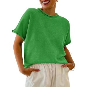Saodimallsu Womens Short Sleeve Sweater Tops Basic Lightweight Casual Crewneck Summer Loose Fit Knit Tees Shirts(Green)