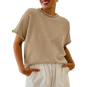 Saodimallsu Womens Short Sleeve Sweater Tops Basic Lightweight Casual Crewneck Summer Loose Fit Knit Tees Shirts(Khaki)