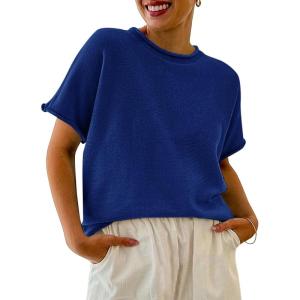 Saodimallsu Womens Short Sleeve Sweater Tops Basic Lightweight Casual Crewneck Summer Loose Fit Knit Tees Shirts(Navy)