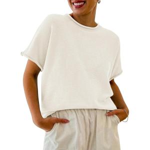 Saodimallsu Womens Short Sleeve Sweater Tops Basic Lightweight Casual Crewneck Summer Loose Fit Knit Tees Shirts(White)